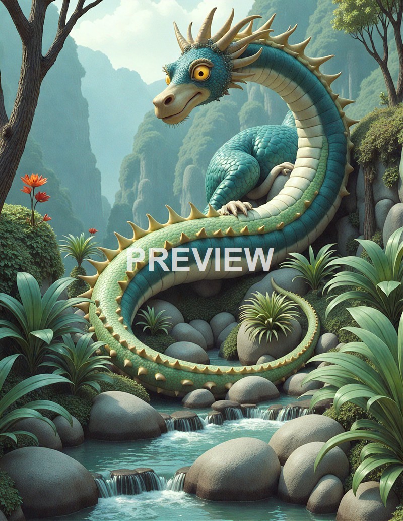 A colorful, animated dragon with a long, coiled body, yellow eyes, and spiky features, sitting in a lush, mountainous forest landscape with flowing water and rocks.